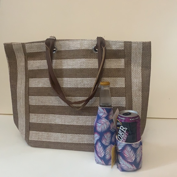 NWT Tan Striped Beach Woven Tote with Set of Beer Cozy - Picture 2 of 9